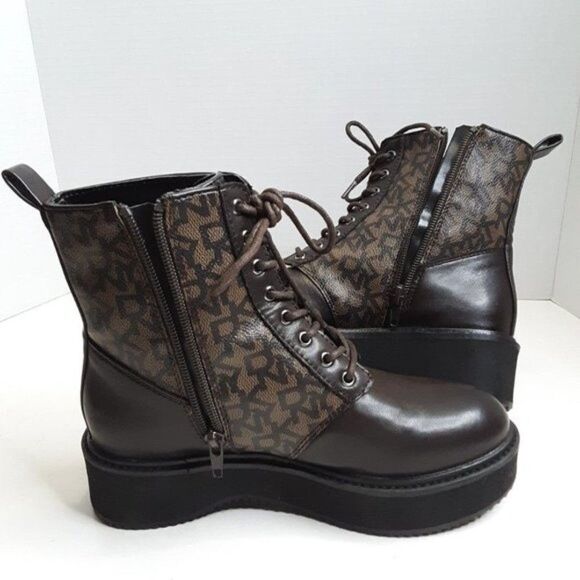 DKNY Women's Boot size 5.5M Roselyn Monogram Print Combat Faux Leather - Picture 5 of 9